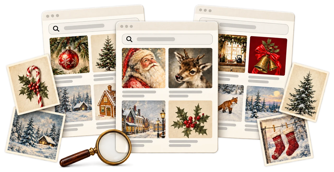 Illustrative Suche mit einzelnen Weihnachtsmotiven und einer Lupe