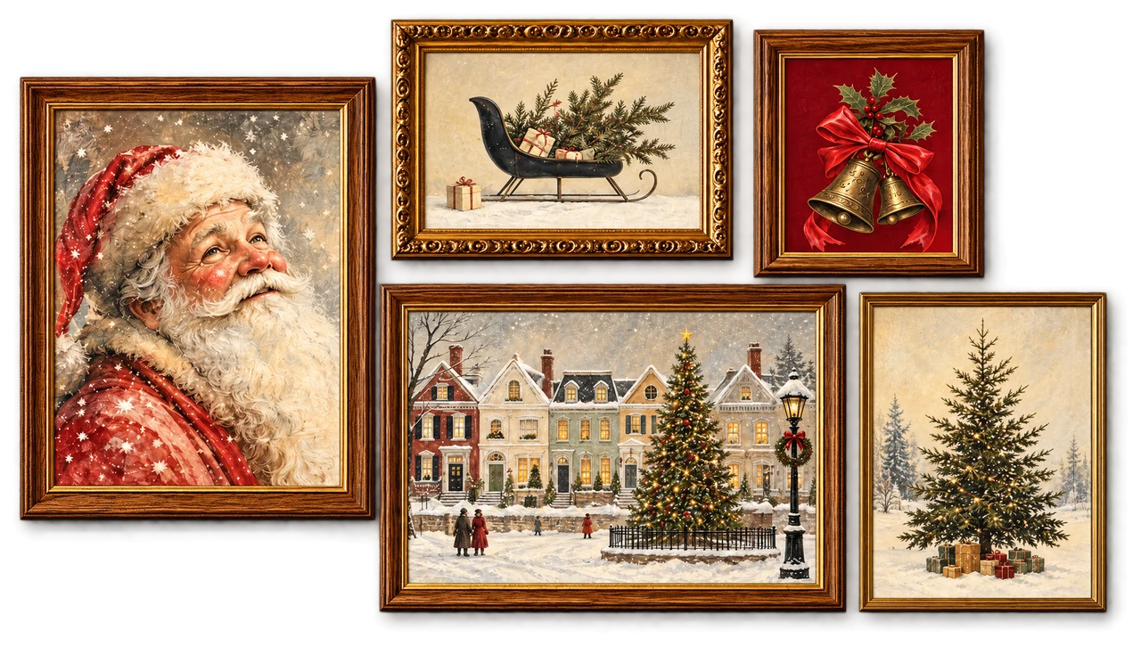 Beispielhafte Galerie aus fünf abgestimmten Vintage-Weihnachtsbildern