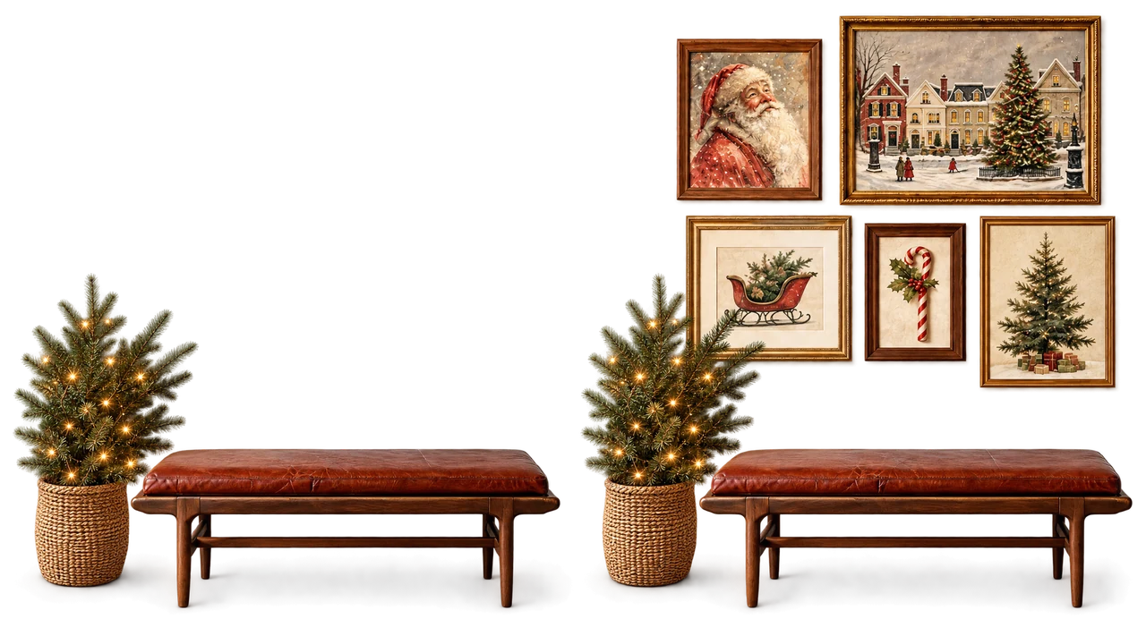 Illustrative Bank mit Grünpflanze, einmal ohne Bilder und einmal mit einer Weihnachtsgalerie