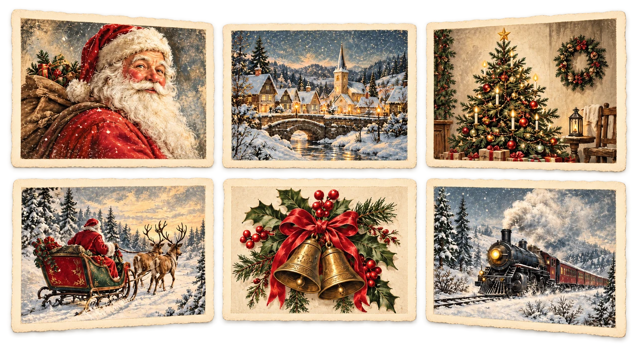 Sechs beispielhafte Motive: Weihnachtsmann, Dorf, Baum, Schlitten, Glocken und Winterzug