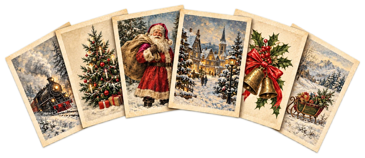 Illustrativer Fächer aus sechs nostalgischen Weihnachtsmotiven, die Kollektion ist digital